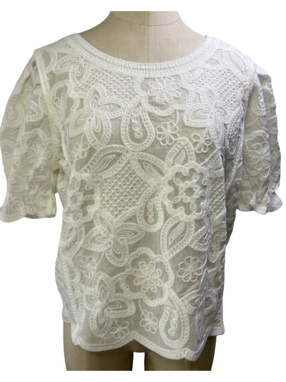 Solitaire White Floral Crochet Short-Sleeve Blouse
